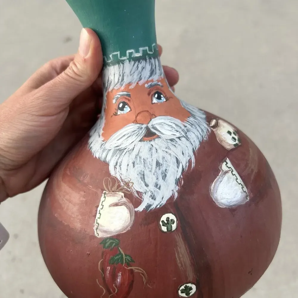 Christmas Santa Gourd Southwest Chili Cactus Hand Painted VTG Folk Art 12”